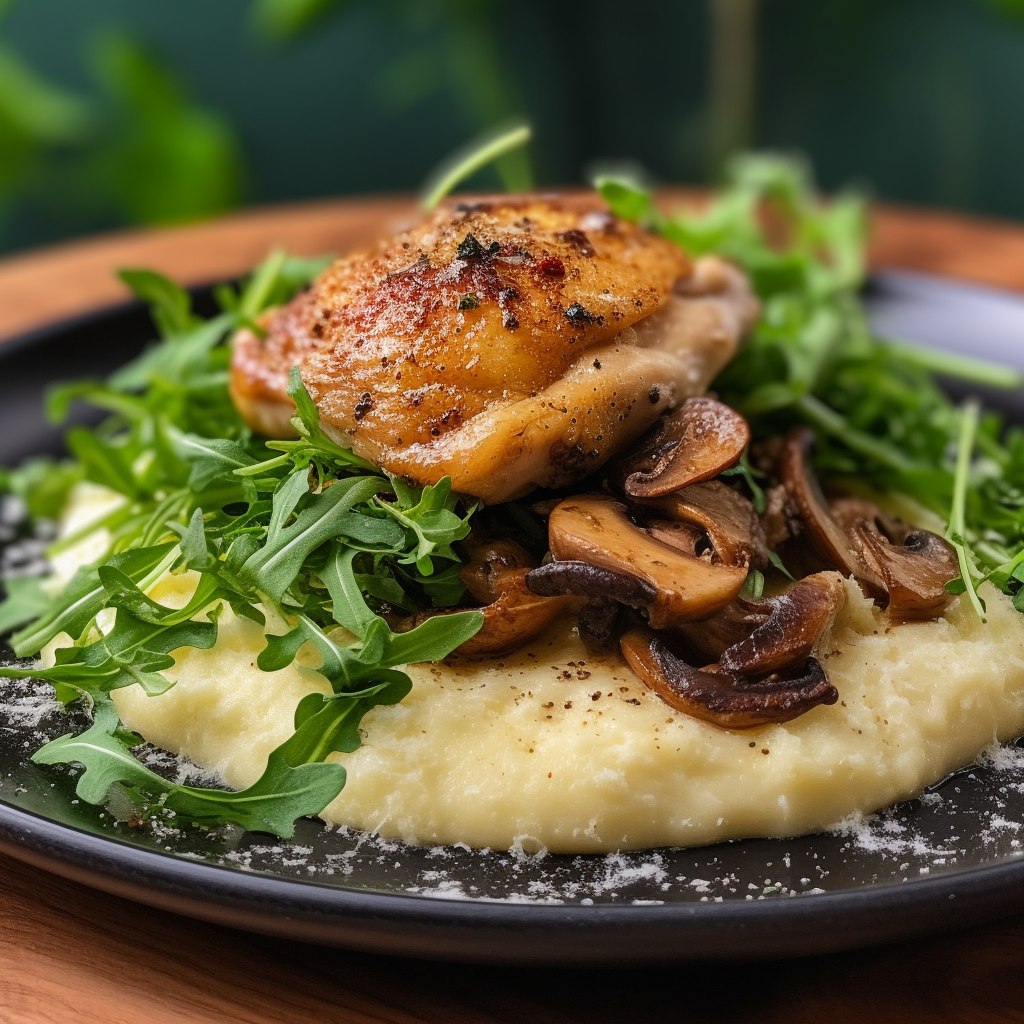 A Symphony of Flavors: Baked Chicken Thighs with Truffle Mashed Potatoes and Roasted Mushroom Salad