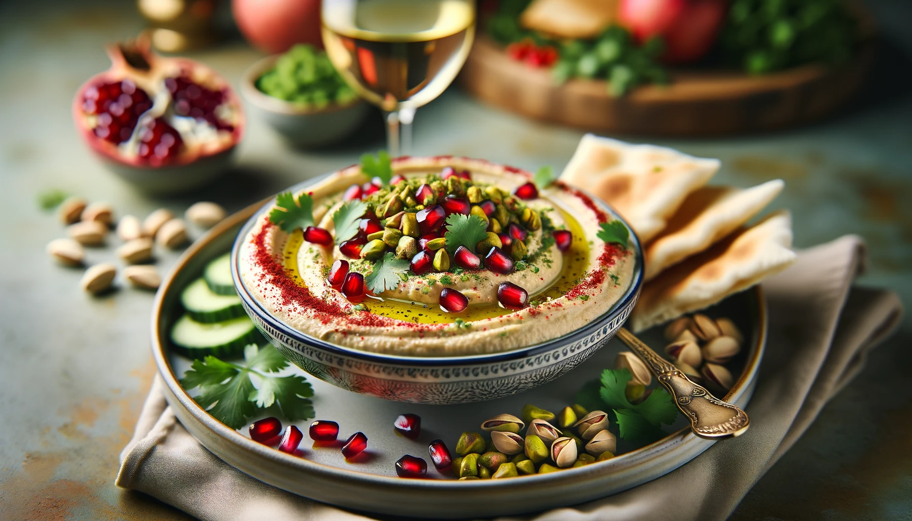 A Luxurious Twist: Hummus with Pomegranate and Pistachio